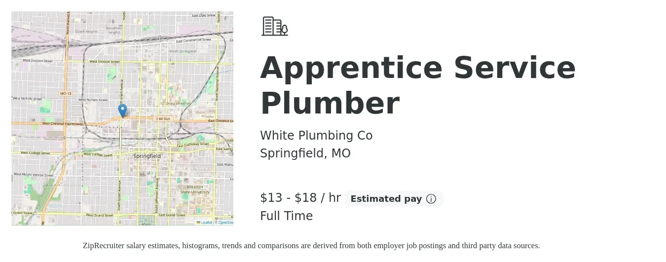 White Plumbing Co job posting for a Apprentice Service Plumber in Springfield, MO with a salary of $14 to $19 Hourly with a map of Springfield location.