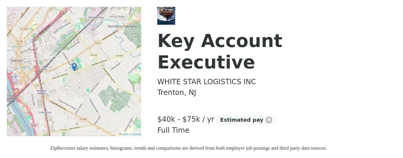 WHITE STAR LOGISTICS INC job posting for a Key Account Executive in Trenton, NJ with a salary of $40,000 to $75,000 Yearly with a map of Trenton location.