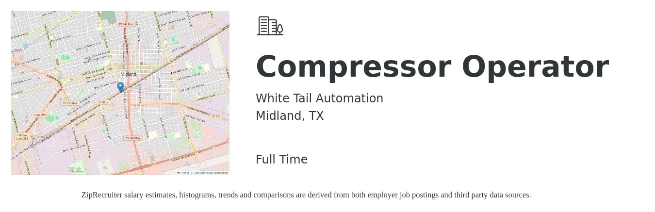White Tail Automation job posting for a Compressor Operator in Midland, TX with a salary of $25 to $27 Hourly with a map of Midland location.