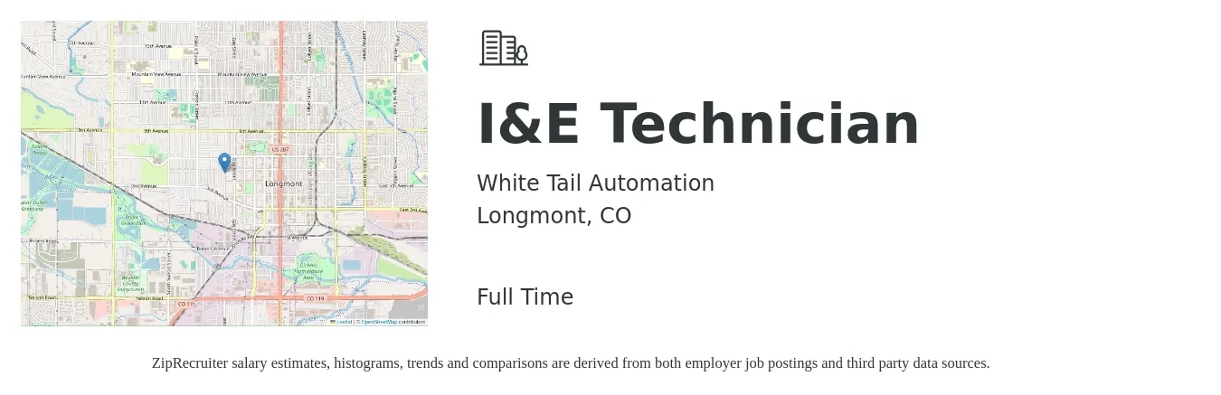 White Tail Automation job posting for a I&E Technician in Longmont, CO with a salary of $36 to $48 Hourly with a map of Longmont location.