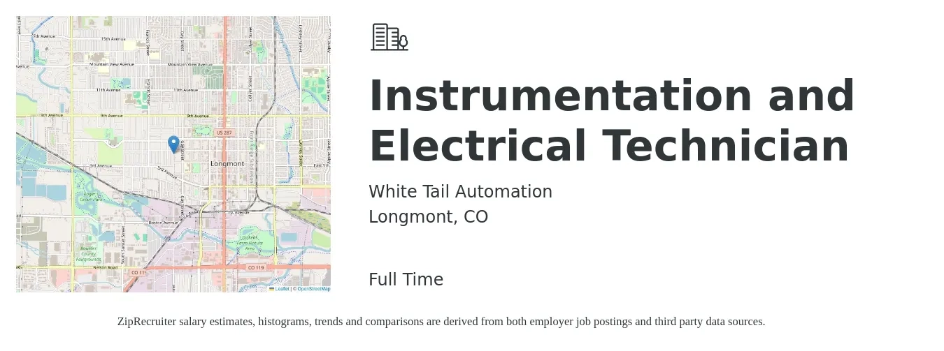 White Tail Automation job posting for a Instrumentation and Electrical Technician in Longmont, CO with a salary of $36 to $48 Hourly with a map of Longmont location.
