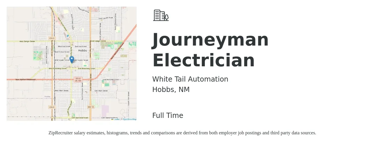White Tail Automation job posting for a Journeyman Electrician in Hobbs, NM with a salary of $40 to $44 Hourly with a map of Hobbs location.