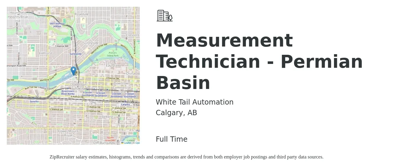 White Tail Automation job posting for a Measurement Technician - Permian Basin in Calgary, AB with a map of Calgary location.