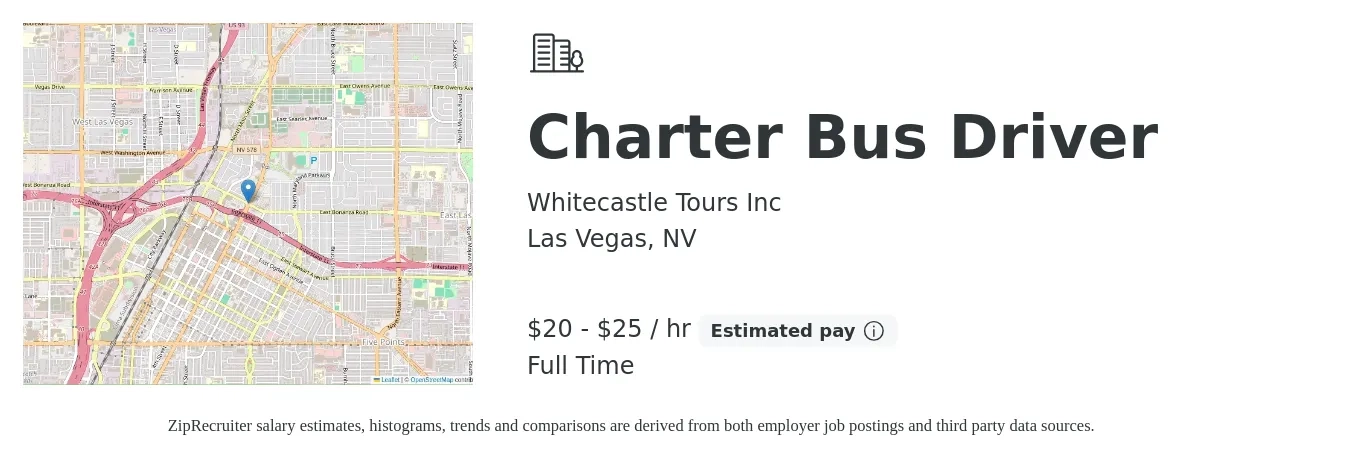 Whitecastle Tours Inc job posting for a Charter Bus Driver in Las Vegas, NV with a salary of $21 to $26 Hourly with a map of Las Vegas location.