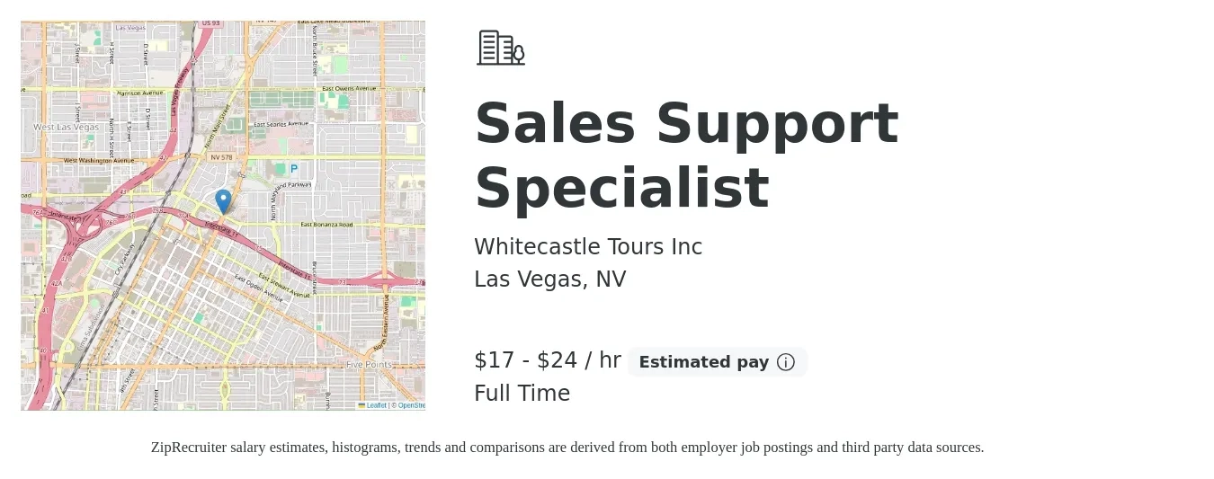 Whitecastle Tours Inc job posting for a Sales Support Specialist in Las Vegas, NV with a salary of $18 to $25 Hourly with a map of Las Vegas location.