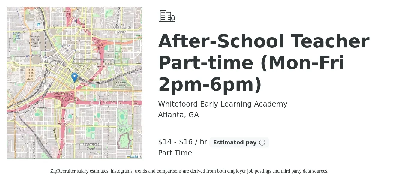Whitefoord Early Learning Academy job posting for a After-School Teacher Part-time (Mon-Fri 2pm-6pm) in Atlanta, GA with a salary of $14 to $22 Hourly with a map of Atlanta location.