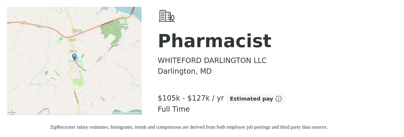 WHITEFORD DARLINGTON LLC job posting for a Pharmacist in Darlington, MD with a salary of $105,119 to $127,639 Yearly with a map of Darlington location.
