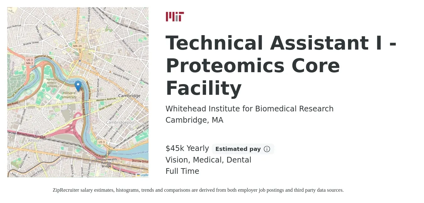 Whitehead Institute for Biomedical Research job posting for a Technical Assistant I - Proteomics Core Facility in Cambridge, MA with a salary of $45,000 Yearly and benefits including life_insurance, medical, retirement, vision, and dental with a map of Cambridge location.