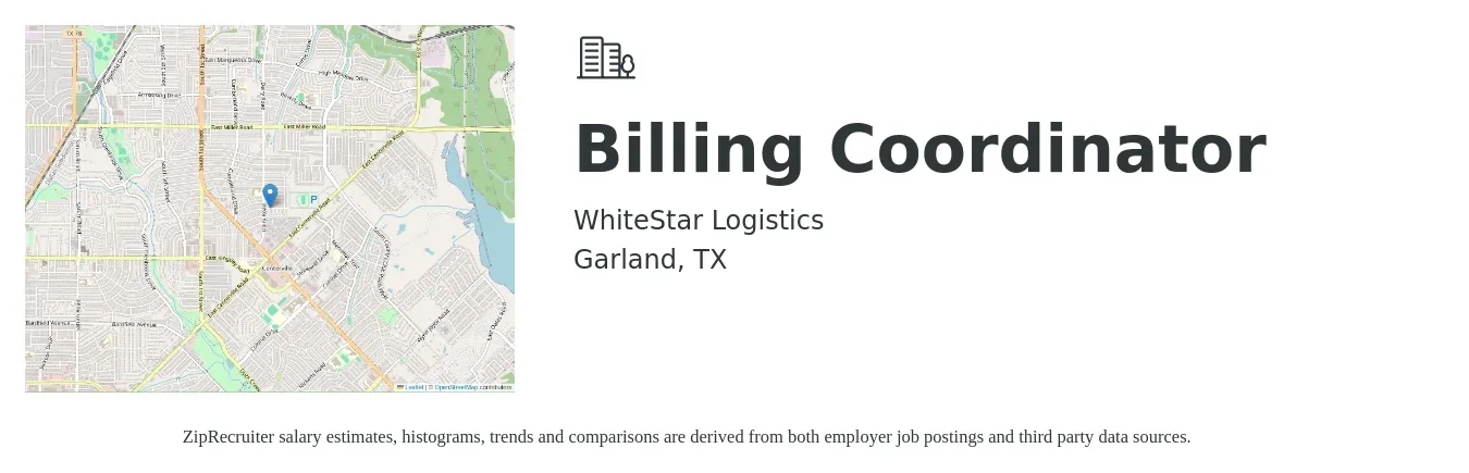 WhiteStar Logistics job posting for a Billing Coordinator in Garland, TX with a salary of $20 to $31 Hourly and benefits including life_insurance, medical, retirement, and dental with a map of Garland location.
