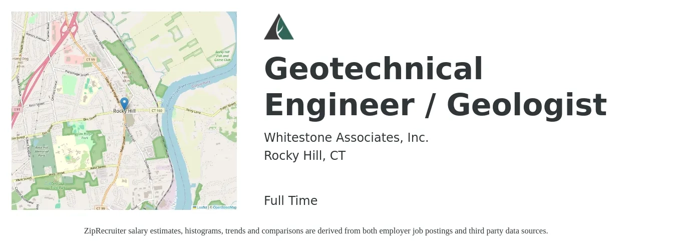 Whitestone Associates, Inc. job posting for a Geotechnical Engineer / Geologist in Rocky Hill, CT with a salary of $67,700 to $103,900 Yearly with a map of Rocky Hill location.