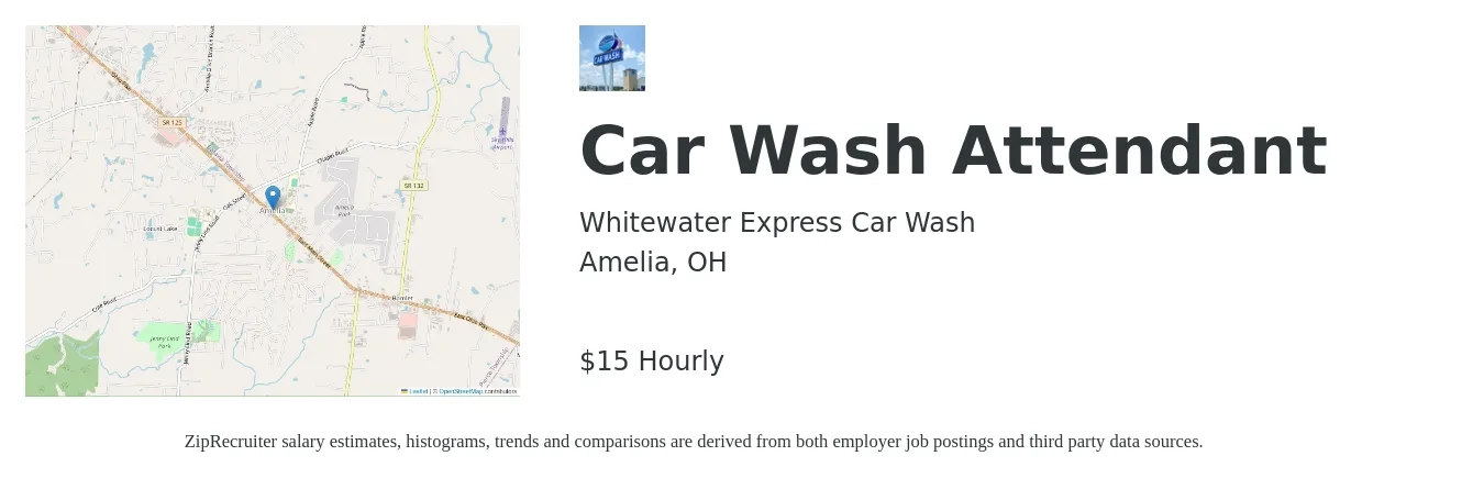 Whitewater Express Car Wash job posting for a Car Wash Attendant in Amelia, OH with a salary of $12 to $16 Hourly with a map of Amelia location.