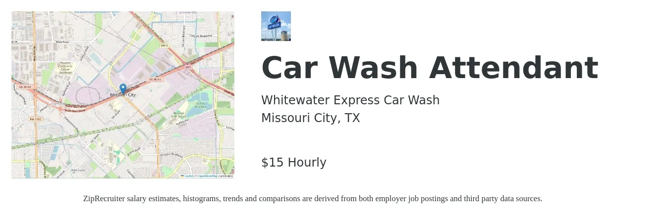 Whitewater Express Car Wash job posting for a Car Wash Attendant in Missouri City, TX with a salary of $12 to $16 Hourly with a map of Missouri City location.
