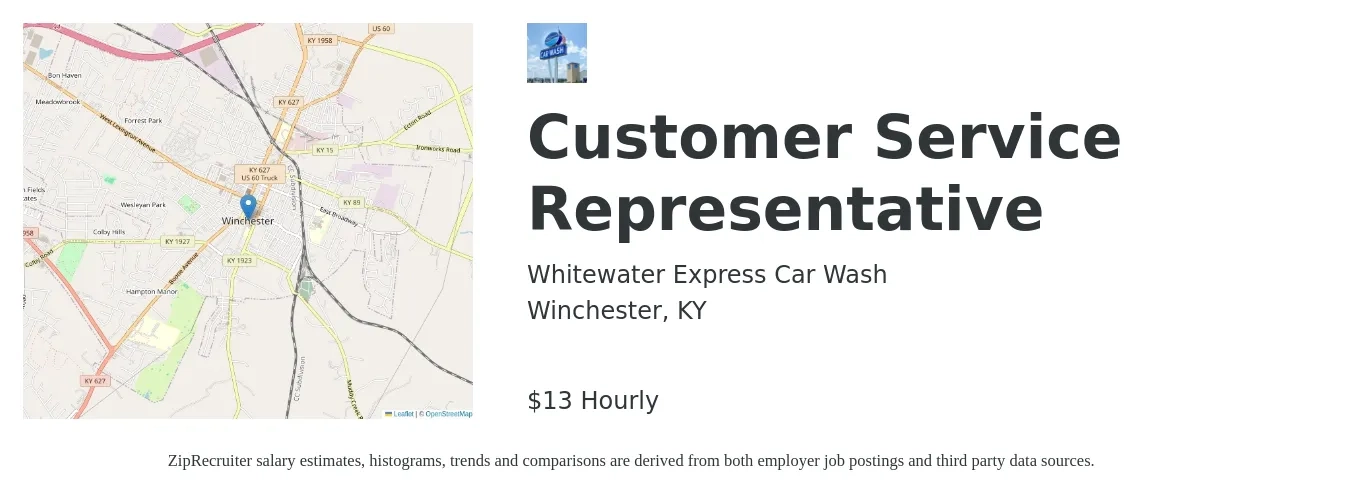 Whitewater Express Car Wash job posting for a Customer Service Representative in Winchester, KY with a salary of $14 to $15 Hourly with a map of Winchester location.