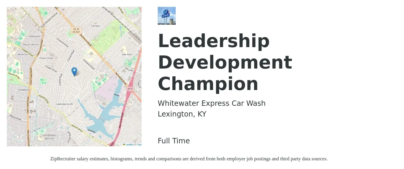 Whitewater Express Car Wash job posting for a Car Wash Attendant - WX601 in Lexington, KY with a salary of $12 to $14 Hourly with a map of Lexington location.