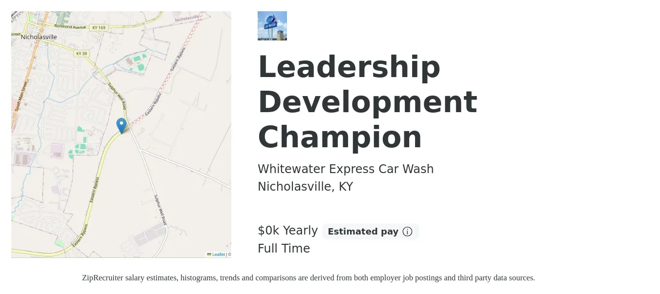 Whitewater Express Car Wash job posting for a Leadership Development Champion in Nicholasville, KY with a salary of $14 to $16 Yearly with a map of Nicholasville location.