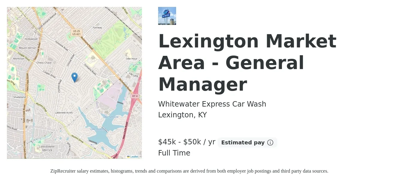 Whitewater Express Car Wash job posting for a Lexington Market Area - General Manager in Lexington, KY with a salary of $45,000 to $50,000 Yearly with a map of Lexington location.