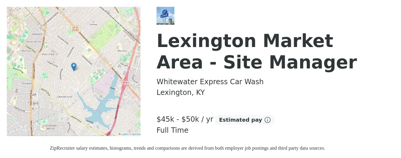 Whitewater Express Car Wash job posting for a Lexington Market Area - Site Manager in Lexington, KY with a salary of $45,000 to $50,000 Yearly with a map of Lexington location.
