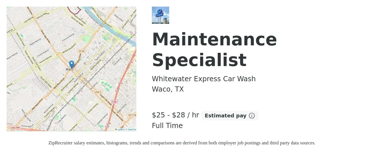 Whitewater Express Car Wash job posting for a Maintenance Specialist in Waco, TX with a salary of $26 to $30 Hourly with a map of Waco location.
