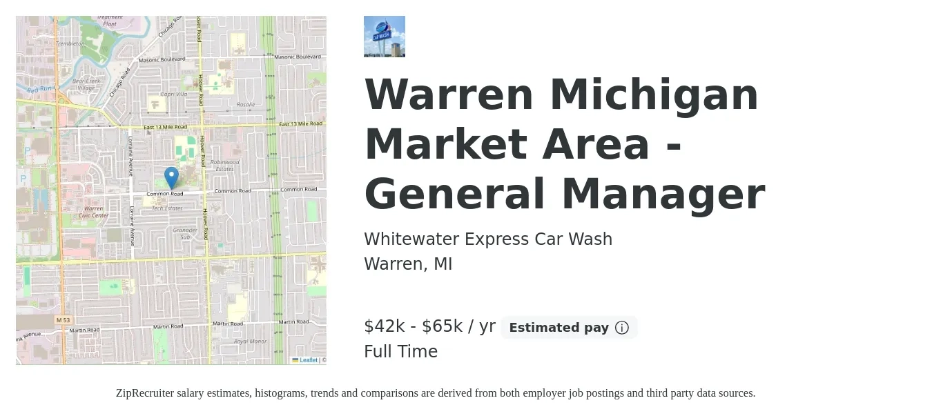 Whitewater Express Car Wash job posting for a Warren Michigan Market Area - General Manager in Warren, MI with a salary of $42,500 to $65,000 Yearly with a map of Warren location.