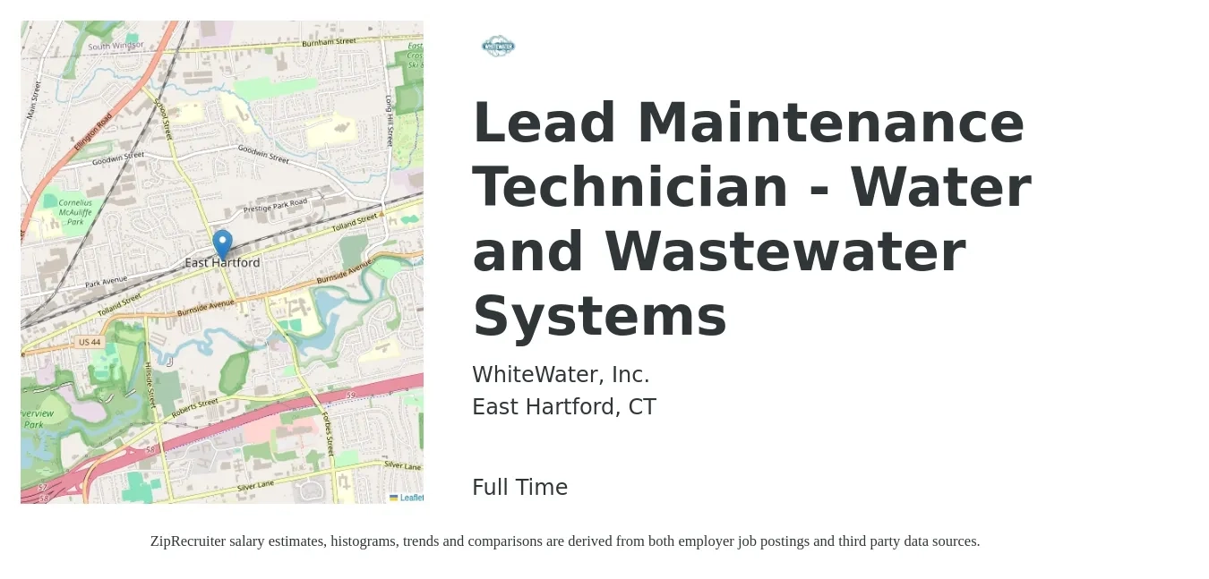 WhiteWater, Inc. job posting for a Lead Maintenance Technician - Water and Wastewater Systems in East Hartford, CT with a salary of $22 to $31 Hourly with a map of East Hartford location.