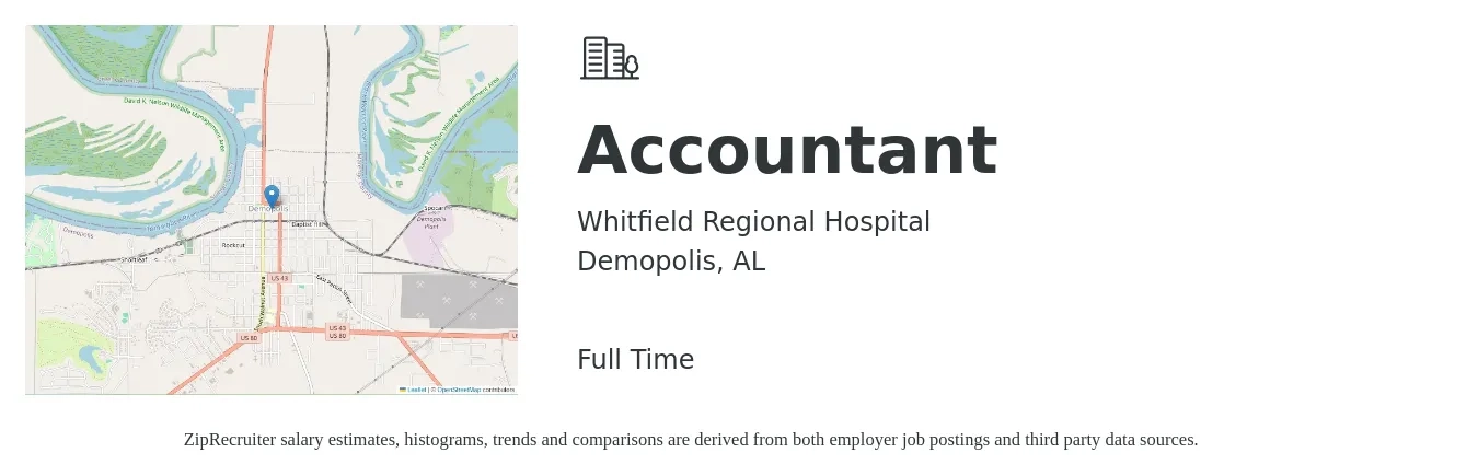 Whitfield Regional Hospital job posting for a Accountant in Demopolis, AL with a salary of $46,300 to $68,000 Yearly with a map of Demopolis location.