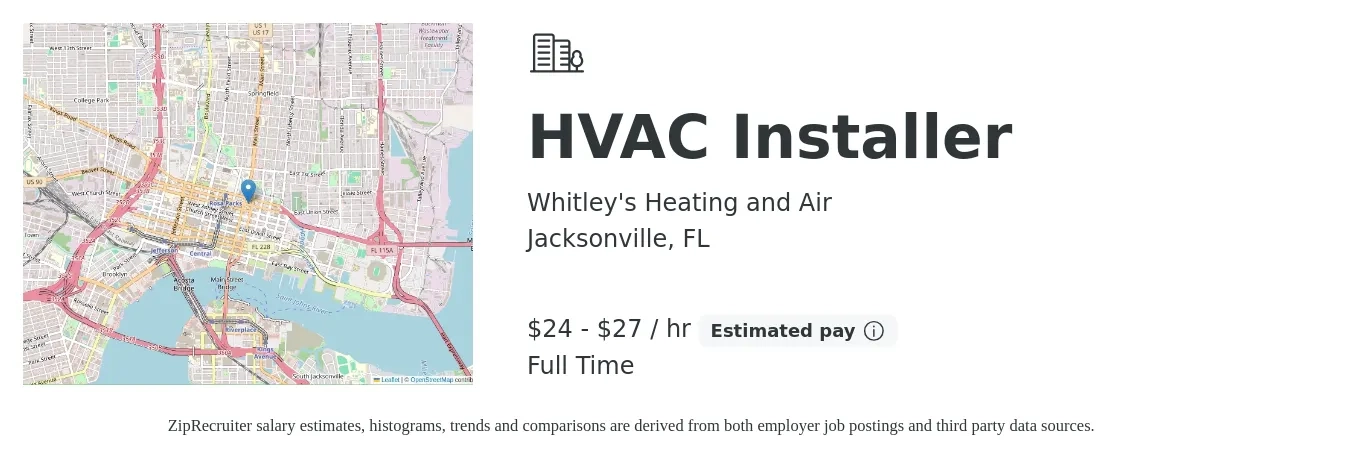 Whitley's Heating and Air job posting for a HVAC Installer in Jacksonville, FL with a salary of $25 to $29 Hourly with a map of Jacksonville location.