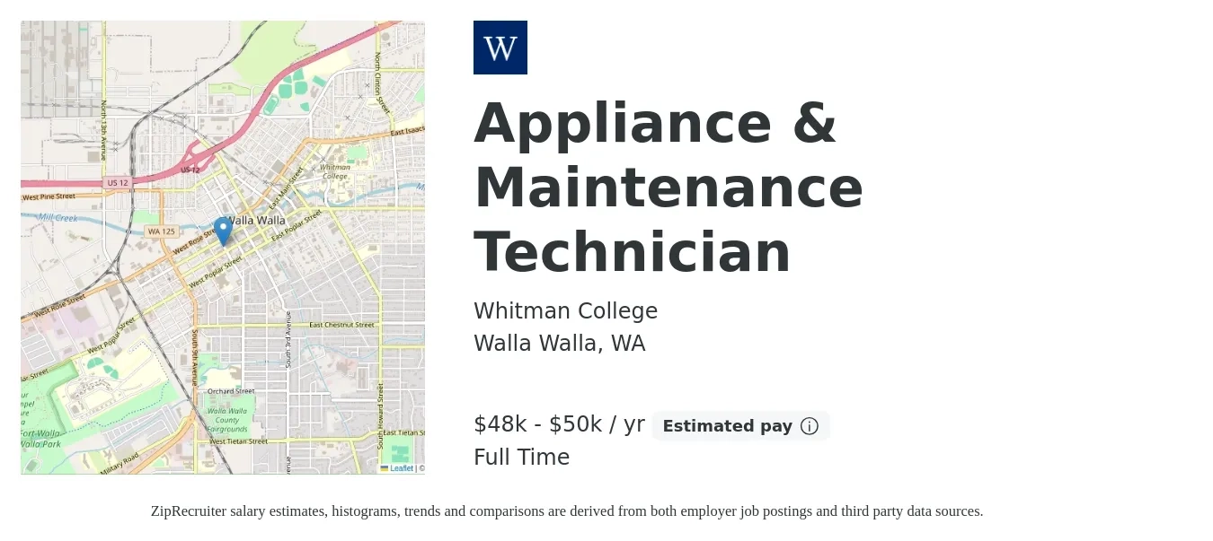 Whitman College job posting for a Appliance & Maintenance Technician in Walla Walla, WA with a salary of $48,000 to $50,400 Yearly with a map of Walla Walla location.