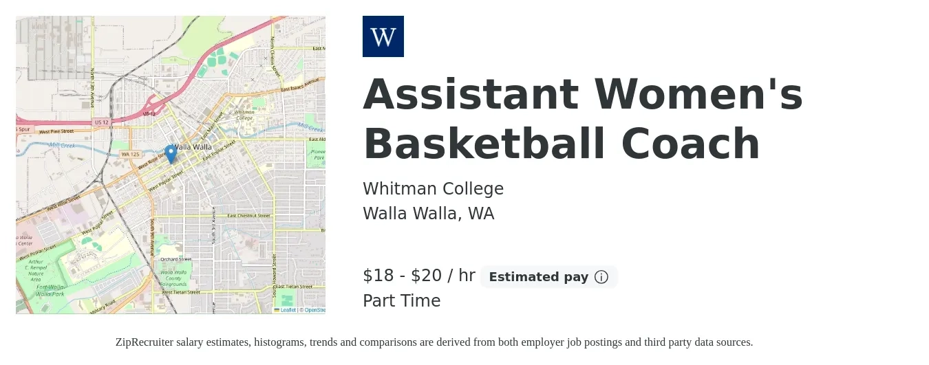 Whitman College job posting for a Assistant Women's Basketball Coach in Walla Walla, WA with a salary of $19 to $22 Hourly with a map of Walla Walla location.