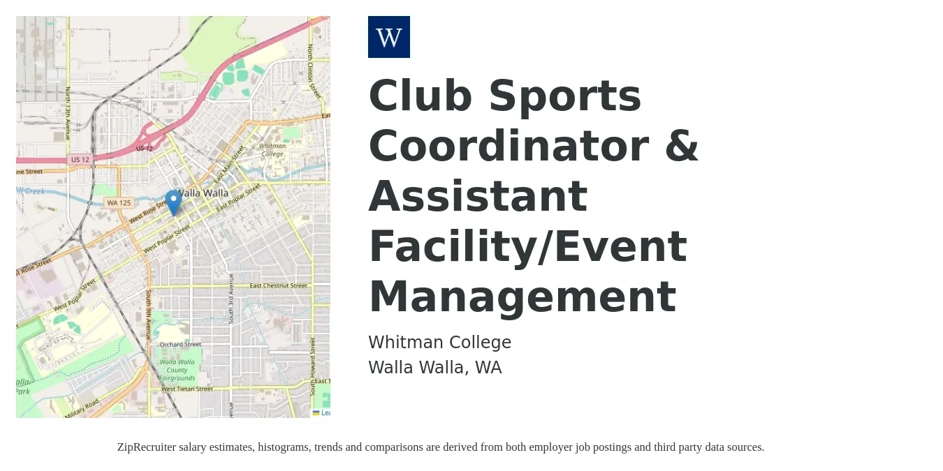 Whitman College job posting for a Club Sports Coordinator & Assistant Facility/Event Management in Walla Walla, WA with a salary of $39,603 to $40,791 Yearly with a map of Walla Walla location.