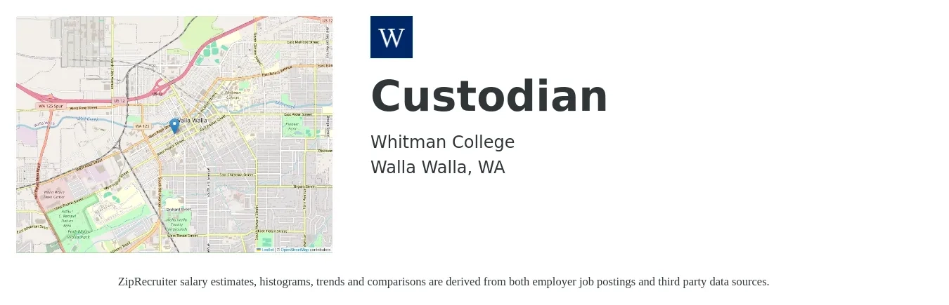 Whitman College job posting for a Custodian in Walla Walla, WA with a salary of $36,474 to $43,000 Yearly with a map of Walla Walla location.