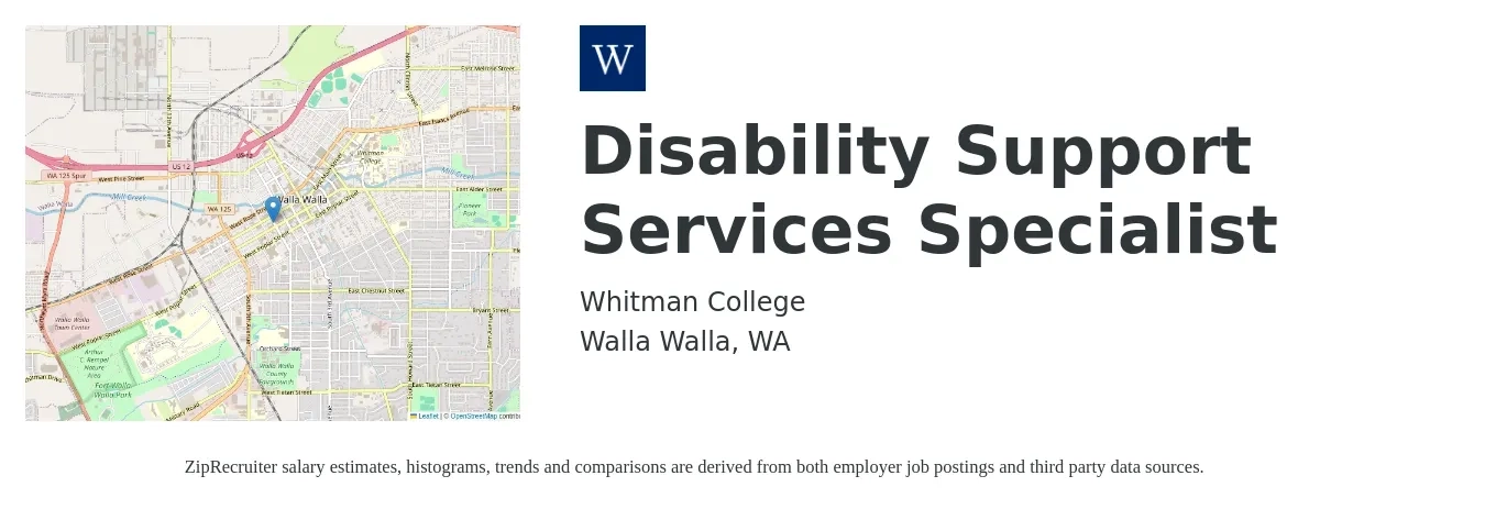Whitman College job posting for a Disability Support Services Specialist in Walla Walla, WA with a salary of $53,000 to $60,000 Yearly with a map of Walla Walla location.