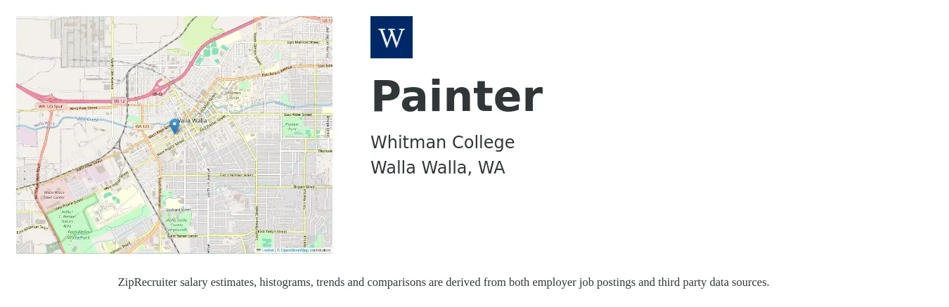Whitman College job posting for a Painter in Walla Walla, WA with a salary of $44,500 to $47,000 Yearly with a map of Walla Walla location.