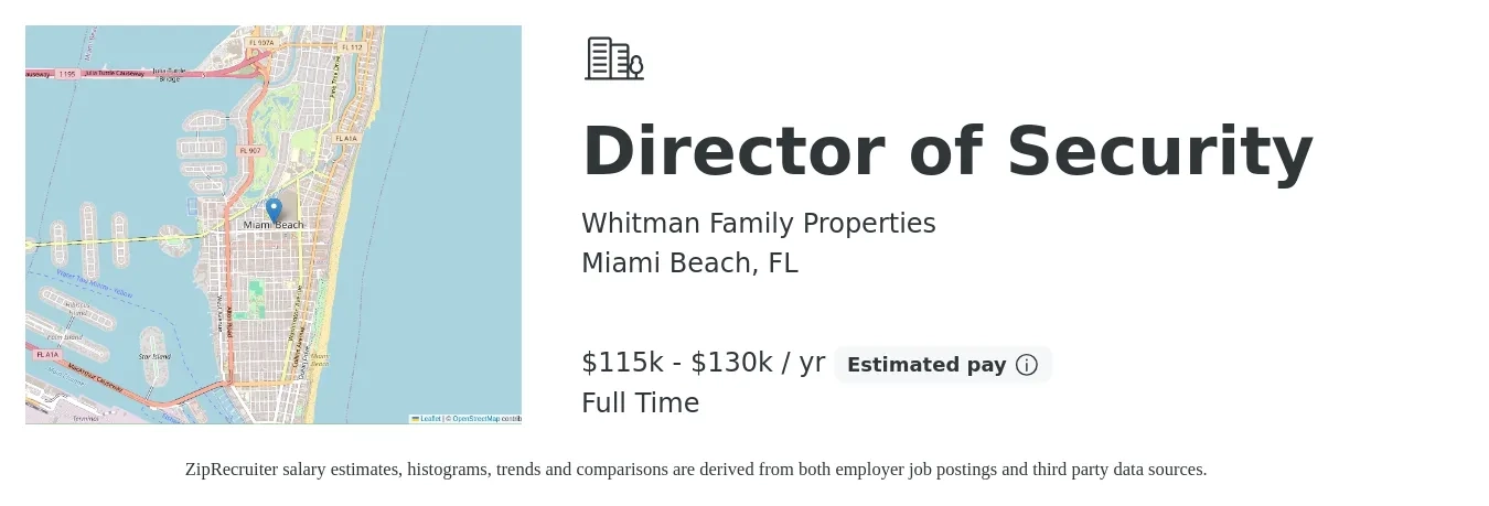 Whitman Family Properties job posting for a Director of Security in Miami Beach, FL with a salary of $115,000 to $130,000 Yearly with a map of Miami Beach location.