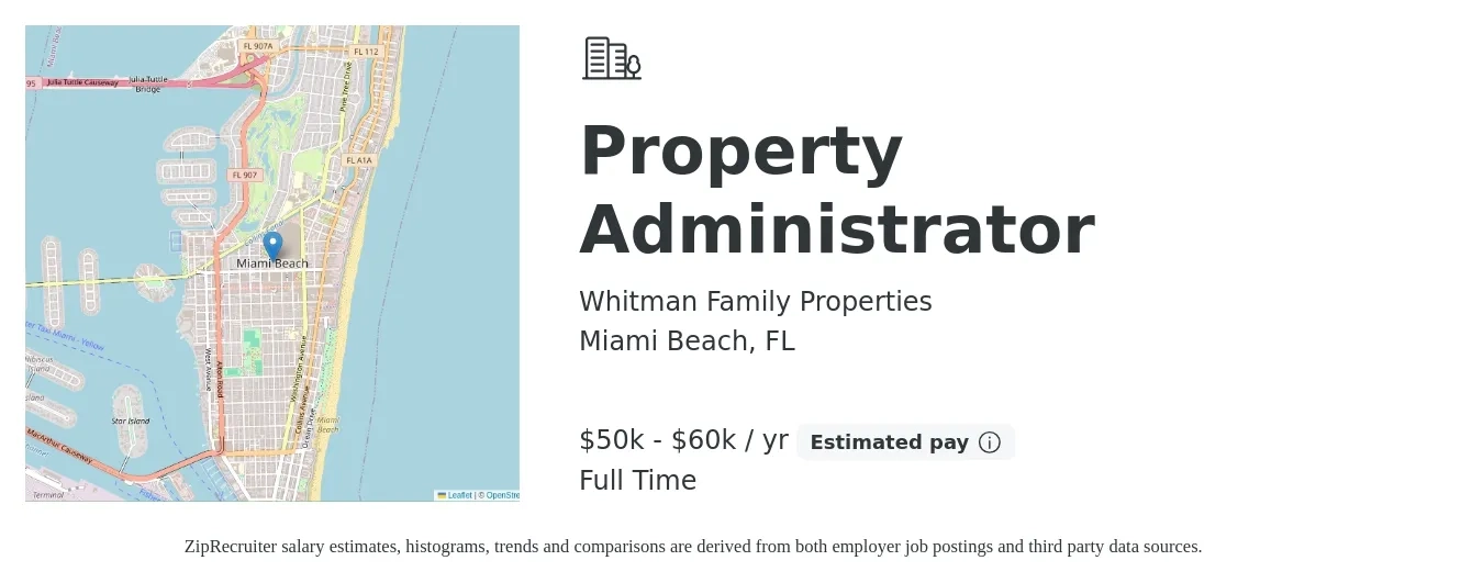 Whitman Family Properties job posting for a Property Administrator in Miami Beach, FL with a salary of $50,000 to $60,000 Yearly with a map of Miami Beach location.