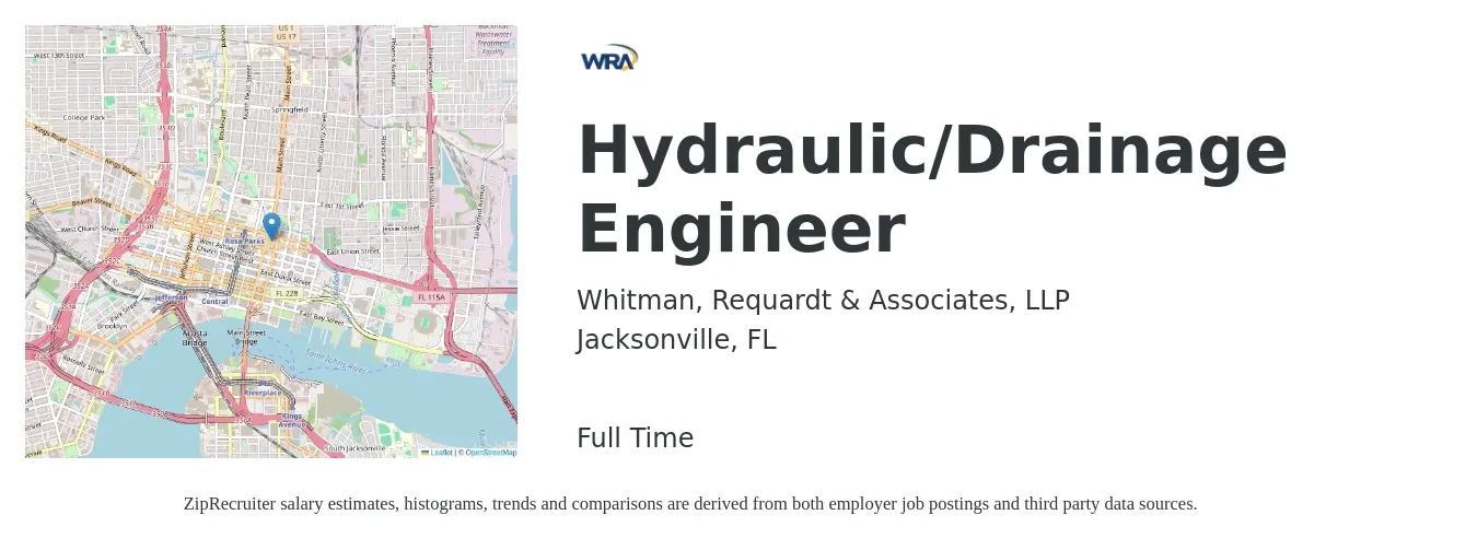 Whitman, Requardt & Associates, LLP job posting for a Hydraulic/Drainage Engineer in Jacksonville, FL with a salary of $73,300 to $95,800 Yearly with a map of Jacksonville location.