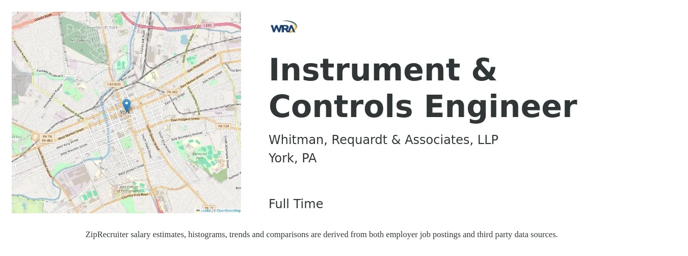 Whitman, Requardt & Associates, LLP job posting for a Instrument & Controls Engineer in York, PA with a salary of $82,200 to $106,300 Yearly with a map of York location.