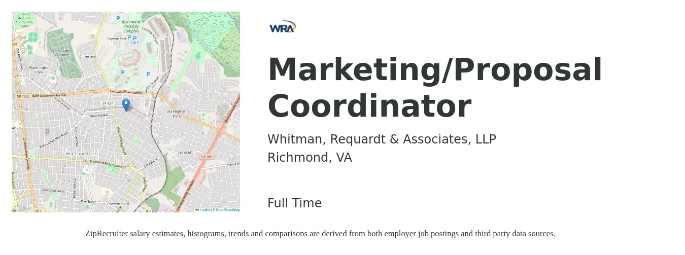 Whitman, Requardt & Associates, LLP job posting for a Marketing/Proposal Coordinator in Richmond, VA with a salary of $43,200 to $62,500 Yearly with a map of Richmond location.