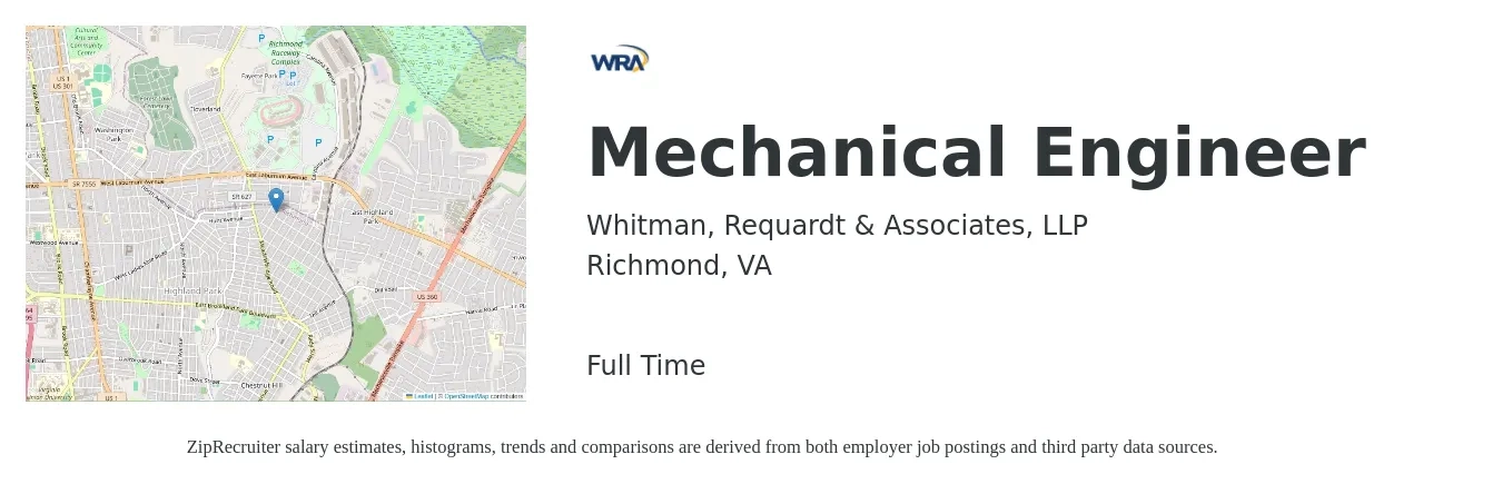 Whitman, Requardt & Associates, LLP job posting for a Mechanical Engineer in Richmond, VA with a salary of $74,900 to $116,300 Yearly with a map of Richmond location.