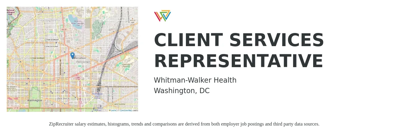 Whitman-Walker Health job posting for a CLIENT SERVICES REPRESENTATIVE in Washington, DC with a salary of $18 to $24 Hourly with a map of Washington location.
