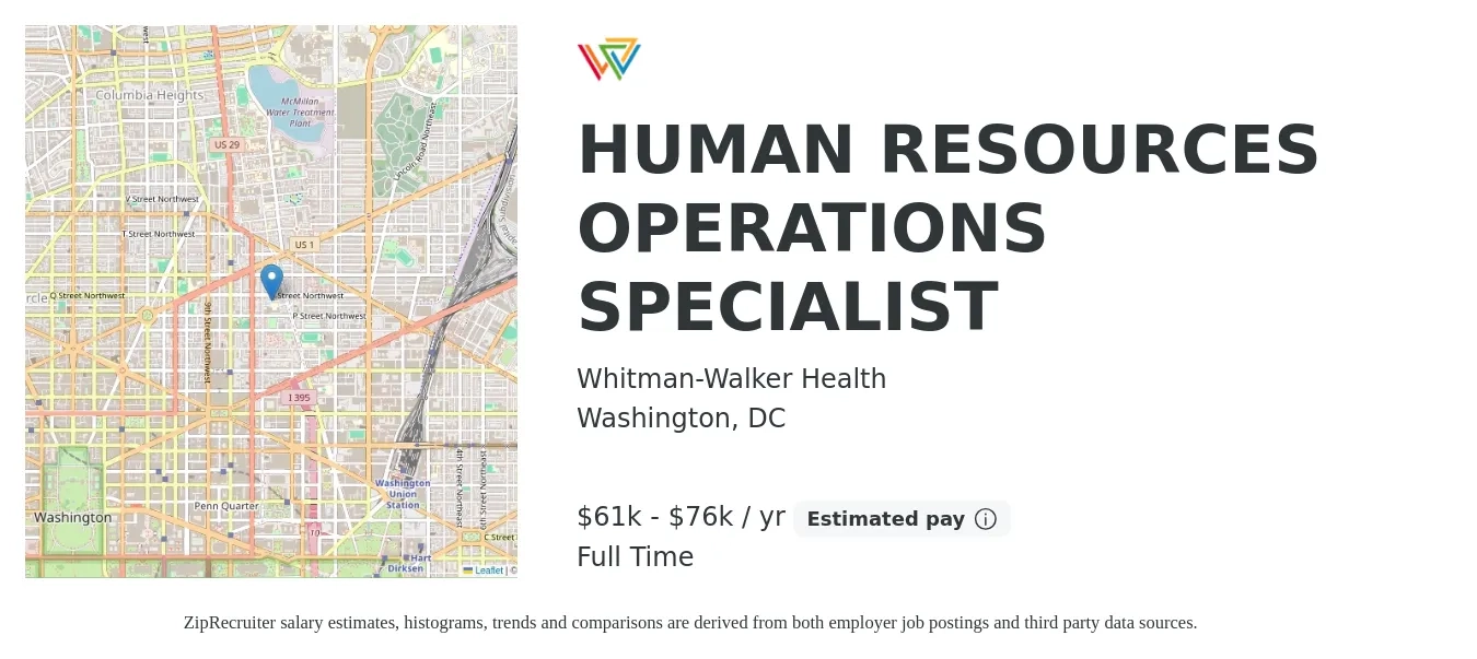 Whitman-Walker Health job posting for a HUMAN RESOURCES OPERATIONS SPECIALIST in Washington, DC with a salary of $61,000 to $76,250 Yearly with a map of Washington location.