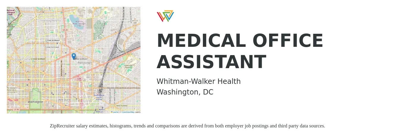 Whitman-Walker Health job posting for a MEDICAL OFFICE ASSISTANT in Washington, DC with a salary of $40,800 to $49,800 Yearly with a map of Washington location.