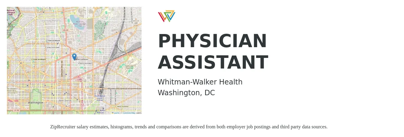 Whitman-Walker Health job posting for a PHYSICIAN ASSISTANT in Washington, DC with a salary of $106,000 to $132,500 Yearly with a map of Washington location.