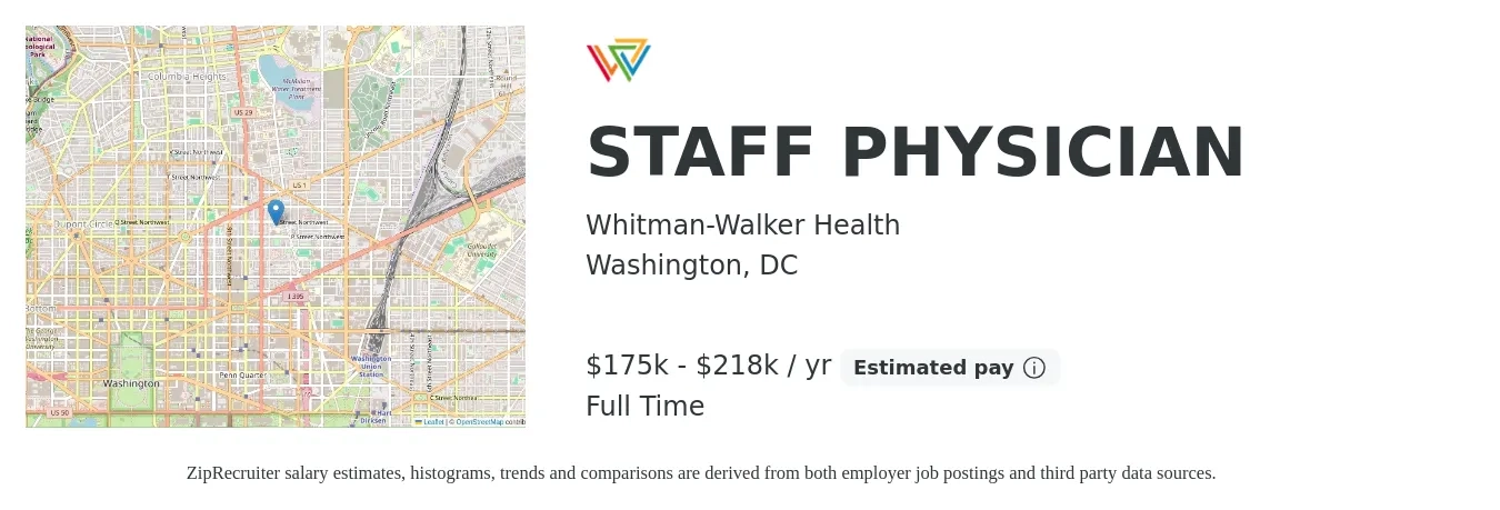 Whitman-Walker Health job posting for a STAFF PHYSICIAN in Washington, DC with a salary of $175,000 to $206,650 Yearly with a map of Washington location.