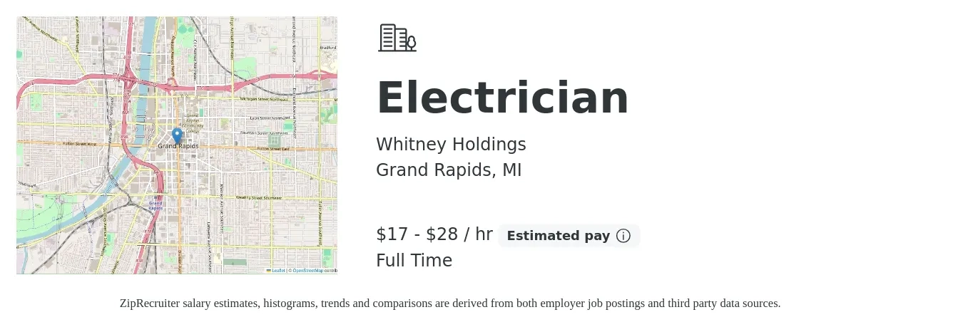 Whitney Holdings job posting for a Electrician in Grand Rapids, MI with a salary of $18 to $30 Hourly with a map of Grand Rapids location.