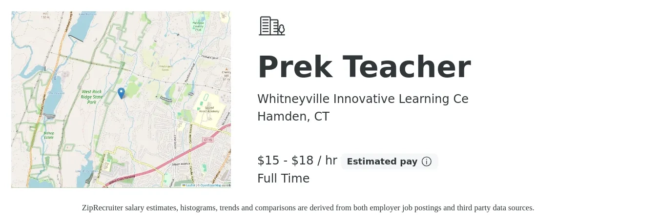 Whitneyville Innovative Learning Ce job posting for a Prek Teacher in Hamden, CT with a salary of $16 to $19 Hourly with a map of Hamden location.