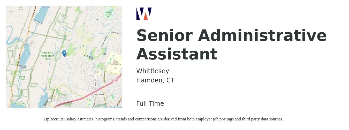 Whittlesey job posting for a Senior Administrative Assistant in Hamden, CT with a salary of $22 to $32 Hourly with a map of Hamden location.