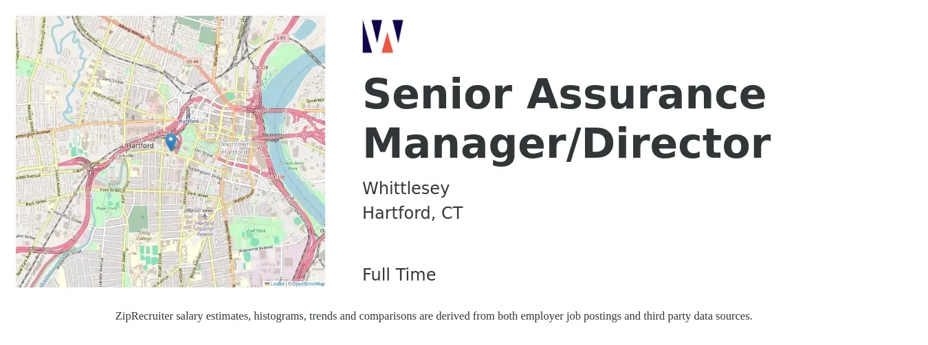 Whittlesey job posting for a Senior Assurance Manager/Director in Hartford, CT with a salary of $49,400 to $137,700 Yearly with a map of Hartford location.