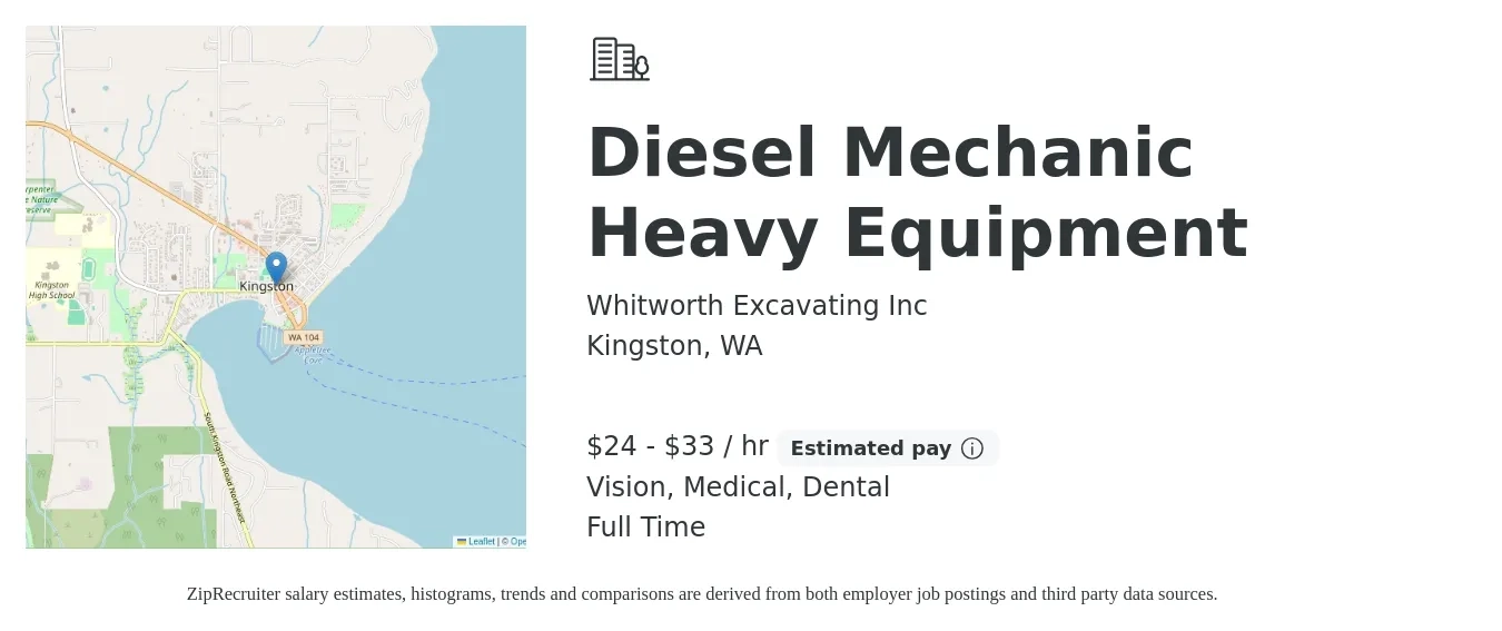 Whitworth Excavating Inc job posting for a Diesel Mechanic Heavy Equipment in Kingston, WA with a salary of $25 to $35 Hourly and benefits including medical, pto, vision, and dental with a map of Kingston location.