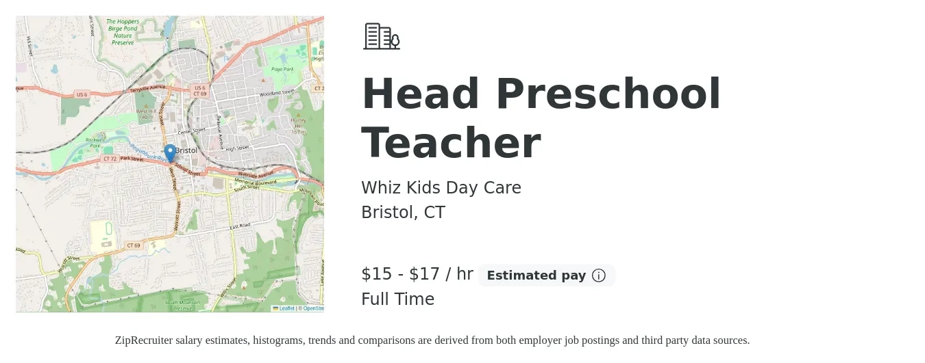 Whiz Kids Day Care job posting for a Head Preschool Teacher in Bristol, CT with a salary of $16 to $18 Hourly with a map of Bristol location.