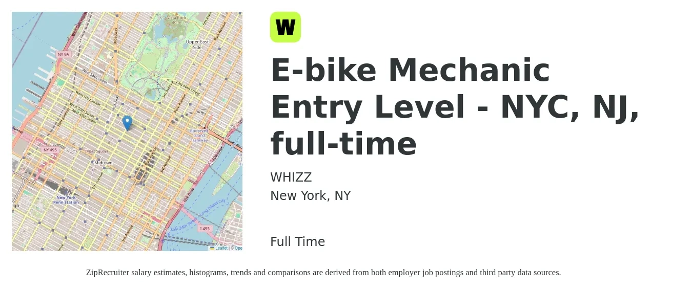 WHIZZ job posting for a E-bike Mechanic Entry Level - NYC, NJ, full-time in New York, NY with a salary of $40,000 Yearly with a map of New York location.